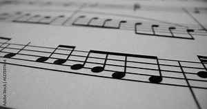 Background of musical notes of a piece of music closeup. Teaching music and notes