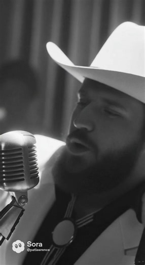 @patlawrence as an outlaw country singer in the 40s wearing a white cowboy hat and suite on stage with a black and white filter.