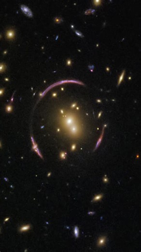 This Hubble view shows a fascinating space-time visual phenomenon known as an “Einstein ring.” Gravitational lensing causes light shining from a faraway galaxy to be warped by the gravity of an object between its source and the observer. In this case, a large galaxy cluster is warping and magnifying the light of a distant galaxy into multiple copies of large, distorted arcs, forming a “ring.” #NASA #Hubble #Einstein #space #universe #science #astronomy #cosmos #telescope #galaxy