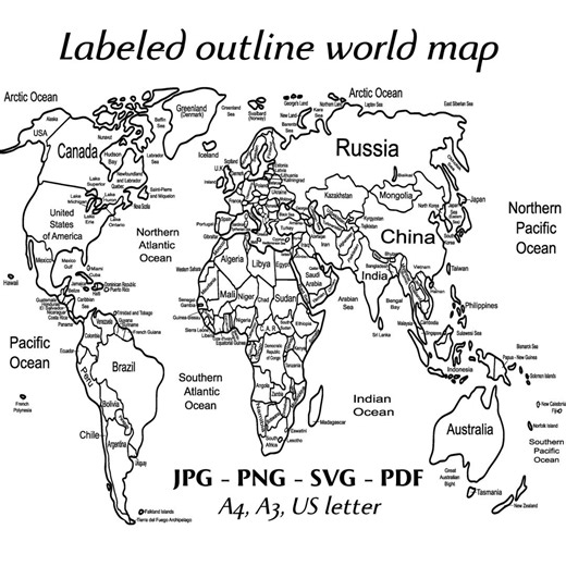 Labeled and Blank Outline World Map SVG Clipart. Printable Vector Geography: Continents and Countries for Wall Art, Travelers and Education - Etsy