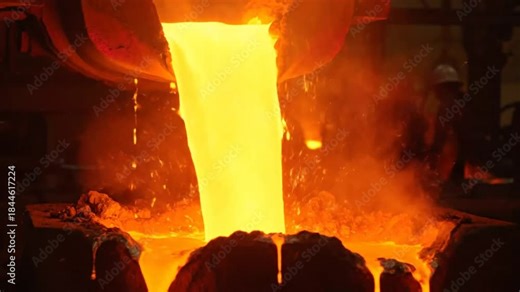 Molten metal pouring from a crucible into a vat in industrial steel manufacturing process creating sparks
