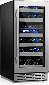 15 Inch Wine Fridge Under Counter, Dual Zone 28 Bottle Wine Cooler Refrigerator, Seamless Reversible Door,New Upgrade Built-in/Freestanding Wine Cooler for Home and Kitchen