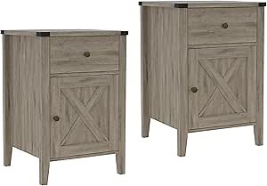 Betterhood Barnwood Rustic Farmhouse Nightstand, Side Table with Barn Door and Drawers, Weathered Oak Style End Table for Living Room Bedroom, Grey Wash Oak, 2 Pack