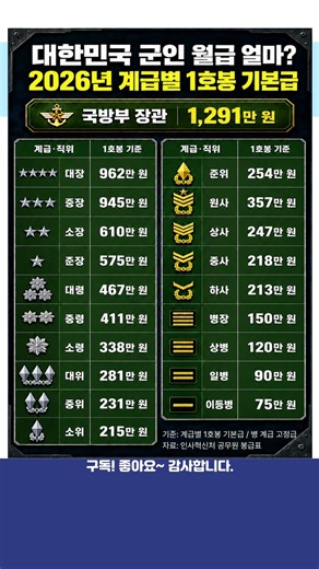 대한민국 군인 계급별 기본급은 얼마? #군대 #군인 #군인월급 #군대계급별 #대한민국