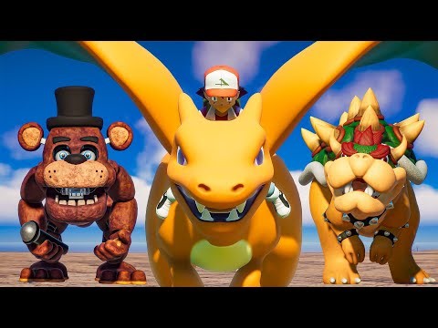 Ash On His Charizard fights Freddy Fazbear, Captain America, Bowser, Deadpool & Colossus Riders