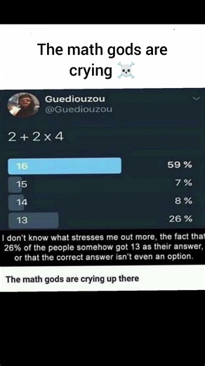 Did you understand? This dark humor math meme shows a viral poll asking “2 + 2 × 4” .