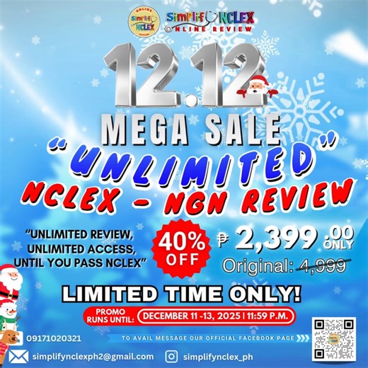 ENROLLMENT is ONGOING! 🎄𝟭𝟮.𝟭𝟮 𝗠𝗘𝗚𝗔 𝗦𝗔𝗟𝗘! ENROLLMENT IS ONGOING! “ 𝟴 𝗶𝗻 𝟭 𝗨𝗡𝗟𝗜𝗠𝗜𝗧𝗘𝗗 𝗡𝗖𝗟𝗘𝗫 𝗥𝗘𝗩𝗜𝗘𝗪 “ Unlimited NCLEX Review, Unlimited Access, Until You Pass NCLEX" ☑️ Next Generation NCLEX Review What You Get? 1.Unlimited Review: Stay enrolled and get all resources until you successfully pass the NCLEX. 2. Zero Hidden Fees: Pay just once, and there are NO EXTRA CHARGES, ever. 3. Live Teaching: Participate in live, interactive Zoom review meetings. 4. Personal C