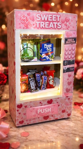 This Valentine’s Day vending machine gift was created using Dollar Tree items and filled with toys and candy. A playful DIY that turns Valentine treats into an interactive gift. | Crafty Beach