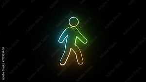 Neon line glowing pedestrian sign animation. Walking neon sign blinking animation.