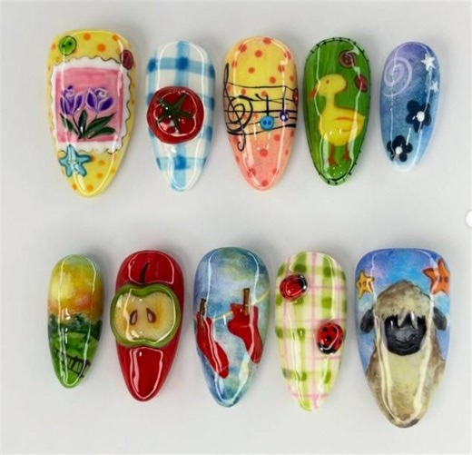 Creative Press On Nails, Fun Animal, Fruit, and Floral Designs, Handmade Reusable Nail Art Set