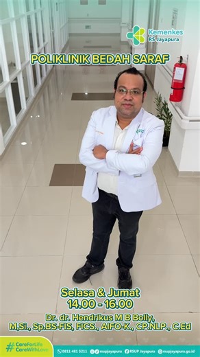 RSUP Jayapura on Instagram: "Dr. dr. Hendrikus M. B. Bolly, M.Si., Sp.BS-FIS., FICS., AIFO-K., CP.NLP., C.Ed - Dokter Spesialis Bedah Saraf RSUP Jayapura. Jadwal Praktik: Selasa & Jumat Pendaftaran: 07.30 – 13.00 WIT Pelayanan: 14.00 – 16.00 WIT — Cek jadwal dokter RSUP Jayapura melalui: Instagram & TikTok @rsupjayapura Hotline 08114815211 #RSUPJayapura #DokterSpesialisBedahSaraf #PelayananKesehatan #CareForLifeCareWithLove"