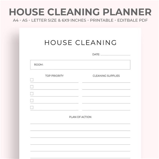 House Cleaning Planner Printable | Editable Cleaning Checklist (PDF Download A4/letter/6x9/a5 Sizes - Etsy