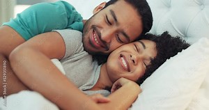 Happy couple, sleep and a hug in bed in the bedroom, house or home. Love, romantic man and woman hugging, cuddle or embrace in the morning in their room with a smile together while being intimate.