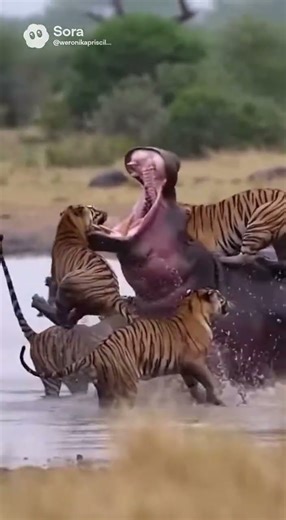 HIPPO FIGHTS BACK! One Hippo Against Four Tigers in the River! 🤯 #hippo #tiger #fighting #river