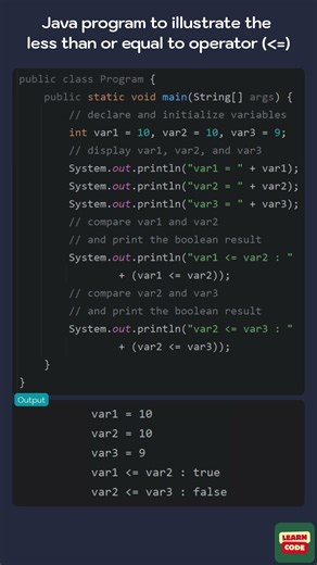 👩‍💻 Java program to illustrate the less than or equal to operator