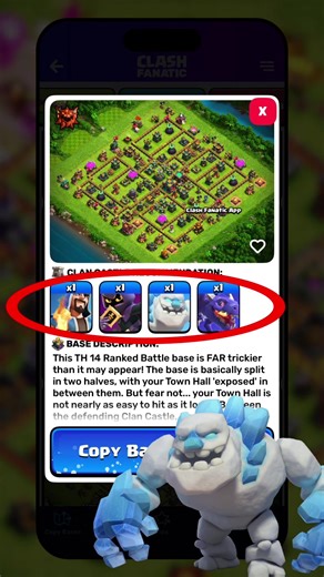 Clan Castle troop recommendations are now available for EVERY Ranked Battle Base in Clash Fanatic App! From TH7-TH18, get troop recommendations to help defend your village in Ranked 🏆📈. #clashofclans #clashofclansmemes #clashofclanstiktok #clashofclansclips #coc