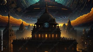 Fantastic cityscape at night, retro futuristic architecture, high buildings and towers in vintage style. Steampunk urban scene, alien world. AI generated cinematic video
