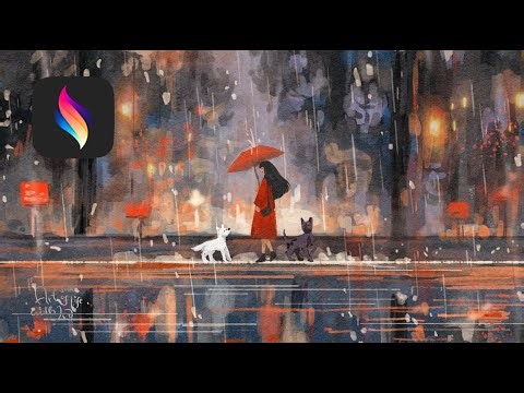 Digital Watercolor Procreate 🎨 Rainy Night City Ambience 🌧️ Procreate Dreams Animation