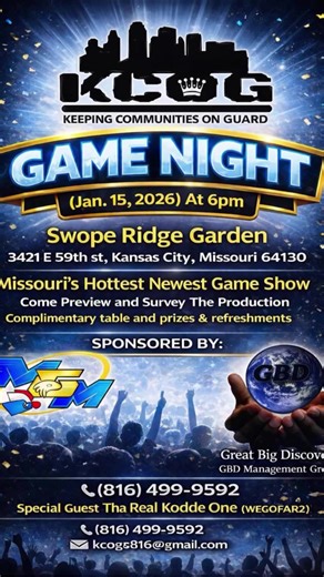 GBDMG - Mega Game Master proudly presents KCOG PRICC Game Night (Thursday Jan 15 at 6 PM) with featured performance by WEGOFAR2 recording artist Tha Real Kodde One. Don’t miss out! #podcast #music #games #media #KansasCity