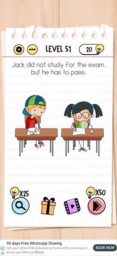 Brain test Level 51 jack did not study for exam but he has to pass Walkthrough