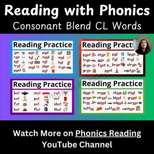 2.6K views · 39 reactions | Consonant Blend CL Words Reading Practice with Phonics. Watch more on the Phonics Reading YouTube Channel. Follow @phonics_reading to learn more. #phonics #learntoread #phonicsfun #phonicsforkids #earlylearning #earlyliteract #earlychildhoodeducation #earlyyears #eanhlish #eanglishlearning | Phonics Reading | Facebook