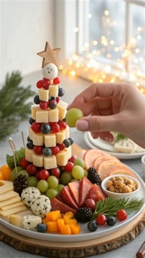 How cute is this Christmas snack board? 😍🎄 A fruit Christmas tree, mini snowman skewers, cheese cubes, salami, and all the festive colors in one beautiful platter! ❤️✨ Perfect for holiday parties, family nights, or just adding a little Christmas magic to your table. Would you try this? ⛄👇 | Easy Recipe to day