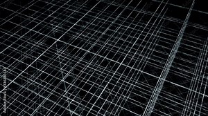 3D space with grid of lines. Animation. Multi-level grid of thin lines on black background. Intersecting thin lines in space permeate its entire perimeter