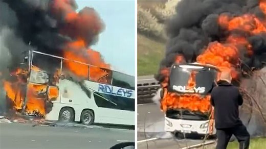 Wembley bound bus bursts into flames on side of M6 causing traffic gridlock