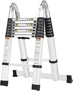 Telescoping Ladder, RIKADE Aluminum Extension Ladder, A-Frame Telescopic Ladder Portable Folding Ladder for Outdoor&Household Working with Anti-Slip Support Bar 2.5m+2.5m