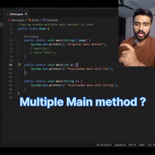 Shivakant Shukla on Instagram: "Multiple Main method in java? #Coding, #ProgrammerLife, #CodeNewbie, #TechReels, #DeveloperLife, #CodingReels, #LearnToCode, #100DaysOfCode, #SoftwareEngineer, #TechTok, #CodeWithMe, #ProgrammerHumor, #JavaScript, #Python, #Java, #TechCreator, #CodingMotivation, #WebDeveloper, #TechInfluencer, #CodingJourney#Instagram #trending #trendingvlogs #viralreels #codetechshivam"