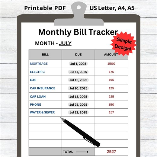 Monthly Bill Payment Tracker Sheet Printable Bill Organizer Planner PDF - Etsy Canada