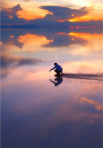 Skimboarding at Sunset in Salar de Uyuni