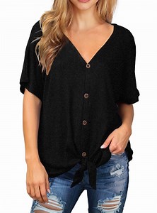 JWD Womens Waffle Knit Tunic Blouse Tie Knot Short Sleeve Henley Tops Loose Fitting Bat Wing Shirts Black Large