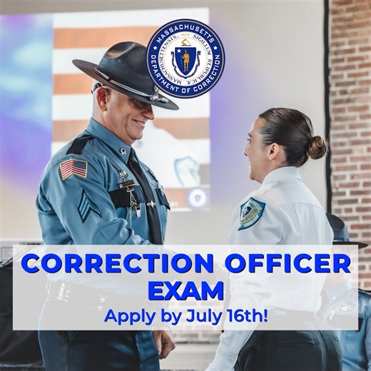 7.9K views · 27 reactions | 欄 We're hiring! Join the Massachusetts Department of Correction and start a fulfilling career in public safety.  Now accepting applicants aged 19.  The deadline to register for the 2025 Correction Officer I Exam is July 16.  Apply today: https://www.mass.gov/info-details/2025-correction-officer-i-examination-august | Massachusetts Department of Correction | Facebook