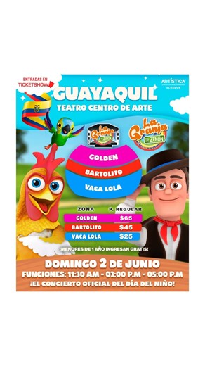 (Patrocinado · Muy Pronto concurso exclusivo para suscriptores) Desde Argentina por el Día del niño 👧🏻 👦🏻 llega el show original infantil más grande de los últimos tiempos, en un nuevo espectáculo: LA GRANJA DE ZENON ¡EN VIVO! 🥳 Éste sábado 01 y Domingo 02 de Junio disfrutaremos de un NUEVO GRAN SHOW sin precedentes gracias a @artistica.ecuador con efectos especiales, visuales y coreográficos junto a Zenón, Bartolito, La Vaca Lola, El Lobo Beto, El Loro Pepe, El Gallo Pinto, La Gallina Bata