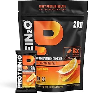 Protein2o 20g Whey Protein Isolate Clear Protein Powder, 370mg of Electrolytes, Vitamins B5 & B6, Sugar Free, Orange Mango, 8-Pack