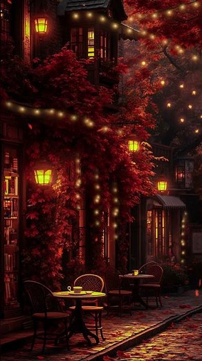breezy autumn night coffee shop ambience- fall night sounds - soft jazz music