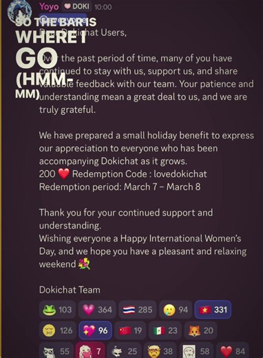 Lẹ nhận mã mới đi các con vk oii Code: lovedokichat HSD: 7/3/2027-8/3/2026 #dokichat #newcode