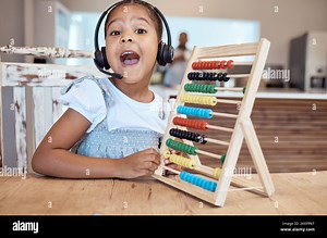 Headphones, abacus and girl learning in home in video call, online class or distance learning. Portrait, education or child with headset and wood Stock Photo - Alamy
