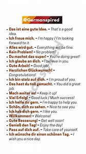 Here's a list of common, standard German phrases that are positive, encouraging, or affirming, along with their English translations. These are widely used in everyday life — polite, friendly, and uplifting. #learngerman #deutschlernen #germanlanguage #deutschkurs #german #deutsch #languagelearning #germanlearning #studygerman #germancourse #GermanVocabulary #LanguageLearning | Germanspired