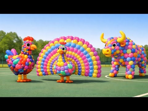 Colorful Balloon Animals Show | Funny Cartoon Animals for Kids 🐔🦃🐂🎈