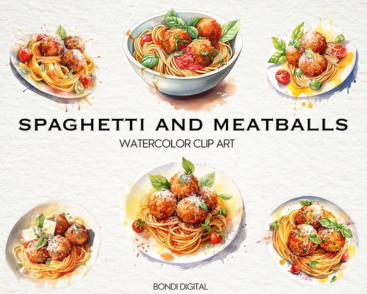 Watercolor Spaghetti and Meatballs Clipart | PNG Format for Commercial Use, Instant Download, 18 Transparent Images | Italian Food Art - Etsy