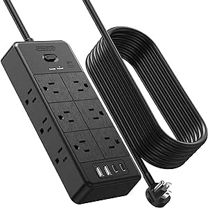 NTONPOWER Long Cord Power Strip 10 FT, Extension Cord with 12 Outlets & 4 USB Ports (2 USB C), 3 Side Multiple Outlet Extender, Flat Plug Wall Mounted for Home Office