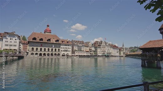 Lucerne Old Town Waterfront and Chapel Bridge, Switzerland.Captured on July 17, 2025