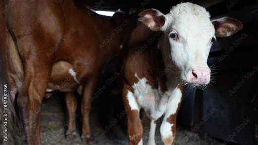 curious little calf stands in the barn near its mother cow, farmhouse,cattle breeding