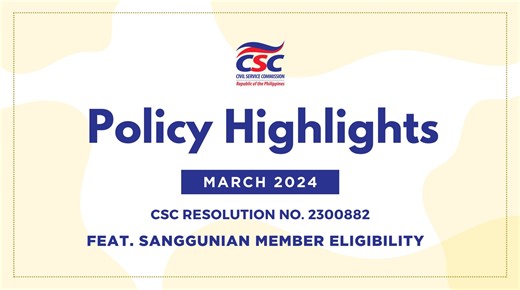 For this month's Policy Highlight, we will talk about the CSC Resolution No. 2300882 or the 𝗦𝗮𝗻𝗴𝗴𝘂𝗻𝗶𝗮𝗻 𝗠𝗲𝗺𝗯𝗲𝗿 𝗘𝗹𝗶𝗴𝗶𝗯𝗶𝗹𝗶𝘁𝘆 (SME). ——— Amendments to CSC Resolution No. 1300486 dated 6 March 2013: Implementing Rules and Regulations (IRR) of Republic Act (R.A.) No. 10156 (An Act Conferring Upon Members of the Sangguniang Bayan, Sangguniang Panlungsod, and Sangguniang Panlalawigan, the Appropriate Civil Service Eligibility under Certain Circumstances, and for Other Purposes