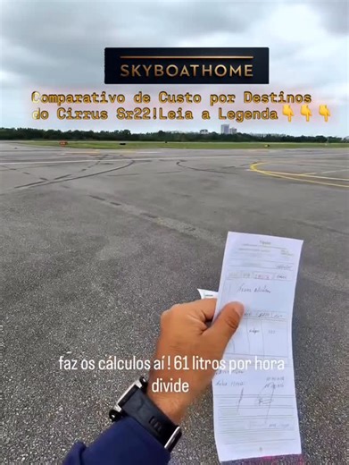 Skyboathome | Venda de Aeronaves on Instagram: "Quanto custa a hora de voo de um Cirrus SR22? ✈️ No vídeo, o @ocomandante mostra o abastecimento: 222 litros, R$ 3.219,00. Esse valor garante cerca de 3 horas de voo, ou seja, aproximadamente R$ 1.073,00 por hora. ⚠️ Importante: esse cálculo considera apenas o custo de combustível. Uma operação completa envolve também provisionamento de manutenção preventiva e overhaul, óleo, taxas aeroportuárias e outros custos que garantem a segurança e a disponi