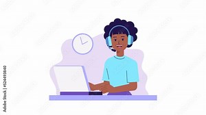 Call center operator female character animation, hotline flat cartoon design. Smiling office worker with headset, computer. online customer support. Assistant callback client Help center. home office