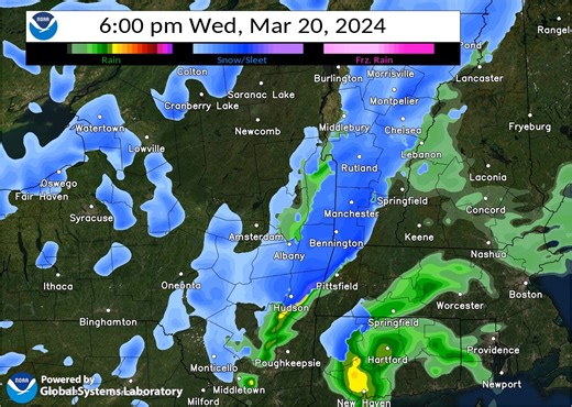 Lake Effect snows expected in the southern Adirondacks where a Winter Weather Advisory for 3 to 6 inches of snow is in effect until 8 PM this evening. A cold front will track through the region this afternoon with a line of showers, changing to snow showers. A brief snow squall cannot be ruled out in some areas, especially in higher elevations. The line of rain and snow showers will track through late this afternoon, moving out early this evening. Some moderate accumulations of upslope snow is p