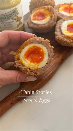 table stories on Instagram: "Burford Brown Scotch Eggs Serves 4 happy, comfort-seeking people Ingredients • 4 medium eggs @clarence_court pls • 300–400g good quality sausage meat • 1 tsp mustard (optional but delicious) • Salt & pepper • 1 egg, beaten • Plain flour • Breadcrumbs • Oil for frying Method 1. Boil the eggs first. Pop the eggs into gently boiling water for about 6–7 minutes if you like a jammy centre. Then cool them in ice water and carefully peel. 2. Season the sausage meat. Mix it
